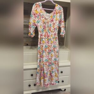 Easel Colorful Floral Cinched Midi Dress With Ruffles And Flare